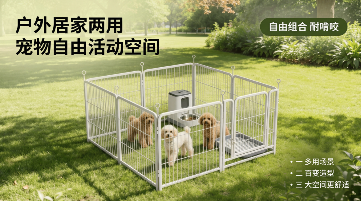 [主图 1] 首图场景展示
[主图主题] 自由组合多功能宠物围栏狗围栏
[氛围/风格] 清新自然户外风格，真实使用场景，自然明亮光影
[画面元素] 白色金属宠物围栏放置在翠绿草坪上，围栏内有三只可爱小预览效果