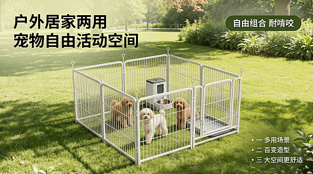 [主图 1] 首图场景展示
[主图主题] 自由组合多功能宠物围栏狗围栏
[氛围/风格] 清新自然户外风格，真实使用场景，自然明亮光影
[画面元素] 白色金属宠物围栏放置在翠绿草坪上，围栏内有三只可爱小狗，还原产品真实使用状态。产品占据画面中心位置，完整展示围栏整体结构，背景是户外公园树木绿植，阳光柔和光影自然。
[配色色系] 主色调：白色（围栏），绿色（草坪）；辅助色：浅棕色（小狗毛发）
[视角构图] 平视拍摄，景深适中，产品主体占比约60%
[文字版式] 主标题“户外居家两用 宠物自由活动空间”，字体为无衬线粗体黑色，悬浮于画面左上角；右上角圆角标签“自由组合 耐啃咬”，深绿色底白色字；右下角三个小点分别标注“一 多用场景”“二 百变造型”“三 大空间更舒适”，白色细字体。整体不遮挡产品主体，构图均衡。
[比例分辨率] 2k分辨率