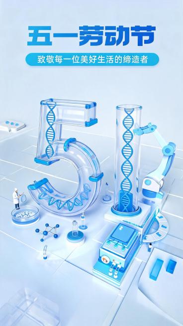 五一劳动节海报，使用生物科技元素如DNA双螺旋、分子结构、研发实验设备组成数字5和1的形状，整体风格为浅蓝色清新3D科技风，微缩场景，玻璃质感和机械质感搭配，白色浅蓝渐变背景，顶部蓝色文字"五一劳动节预览效果