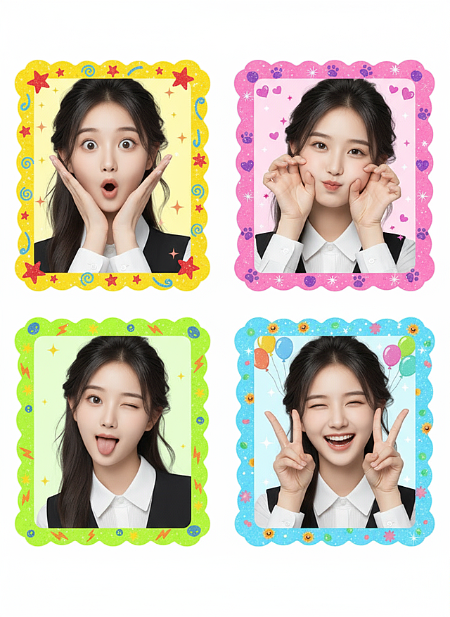 生成一组4张大头贴照片，每张照片都要有不同的表情和动作，动作要夸张，每张图的周边都是大头贴的边框和贴纸装饰