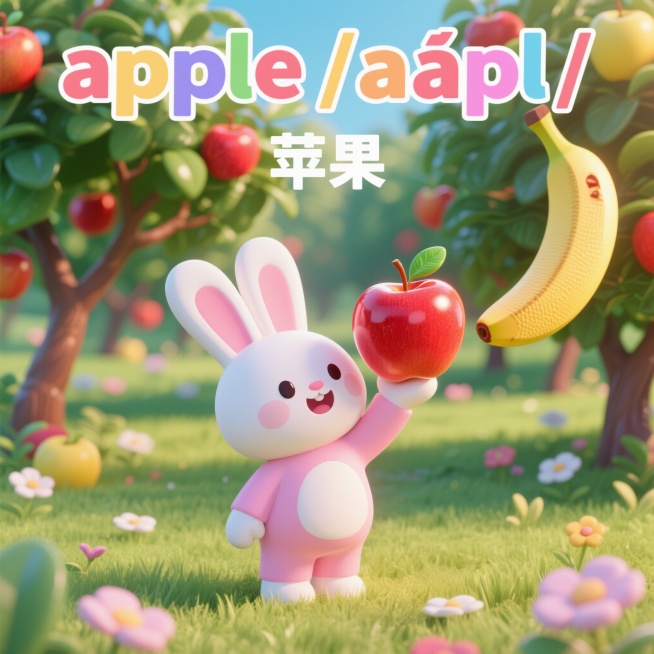 角色：3D卡通小兔（粉白配色，圆滚滚，表情可爱，全程出镜，动作贴合场景）背景：3D彩色果园背景（草地、果树、小花朵，色调明亮柔和，所有图片背景统一，不添加多余杂物）图片要求：高清、3D质感清晰，水果色预览效果