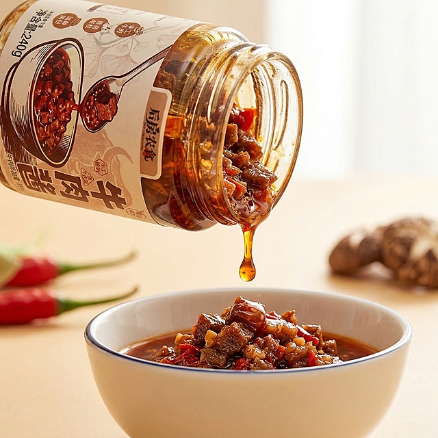 明亮特写镜头，玻璃瓶装后房农食牛肉酱正在往外倒出，完美还原原图中红亮油润的牛肉酱，保留清晰分明的牛肉粒、脆嫩香菇粒和鲜红辣椒碎颗粒纹理，红棕鲜亮色泽，油润光泽从瓶口缓缓流出落入下方白碗，保持瓶身标签文字清晰不变形，暖调明亮商业美食摄影，高位柔和窗边漫射光，明亮高调画质，侧逆光突出牛肉酱透亮油光，浅干净暖米背景，微距特写颗粒质感，整体画面鲜亮通透，超级有食欲，低亮度，暗沉，死黑，色块扭曲，文字变形，Logo错乱，瓶身变形