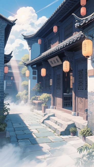 二次元写实民国，客栈，云，雾气，太阳，深青色，氛围感大气一点，细节丰富，元素多样，构图大气，9:16,不要人物，生成2张预览效果