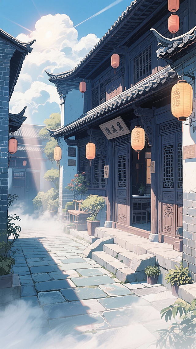 二次元写实民国，客栈，云，雾气，太阳，深青色，氛围感大气一点，细节丰富，元素多样，构图大气，9:16,不要人物，生成2张