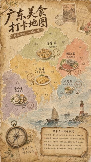 保持原图广东美食打卡地图的整体设计、文字、排版和复古牛皮纸水彩风格不变，仅做两处修改：将潮汕菜板块中的美食图片替换为图一的潮汕牛肉火锅插画，调整牛肉火锅的尺寸和色调适配整体复古风格；将客家菜板块中的美预览效果