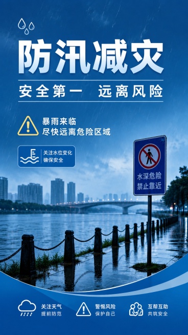 防汛减灾公益广告海报，写实商业摄影风格，蓝色简约设计风格，整体庄重醒目，主标题为"防汛减灾"，副标题为"安全第一 远离风险"，防汛小知识文案为"暴雨来临 尽快远离危险区域"，蓝色简约背景，搭配雨天河流预览效果