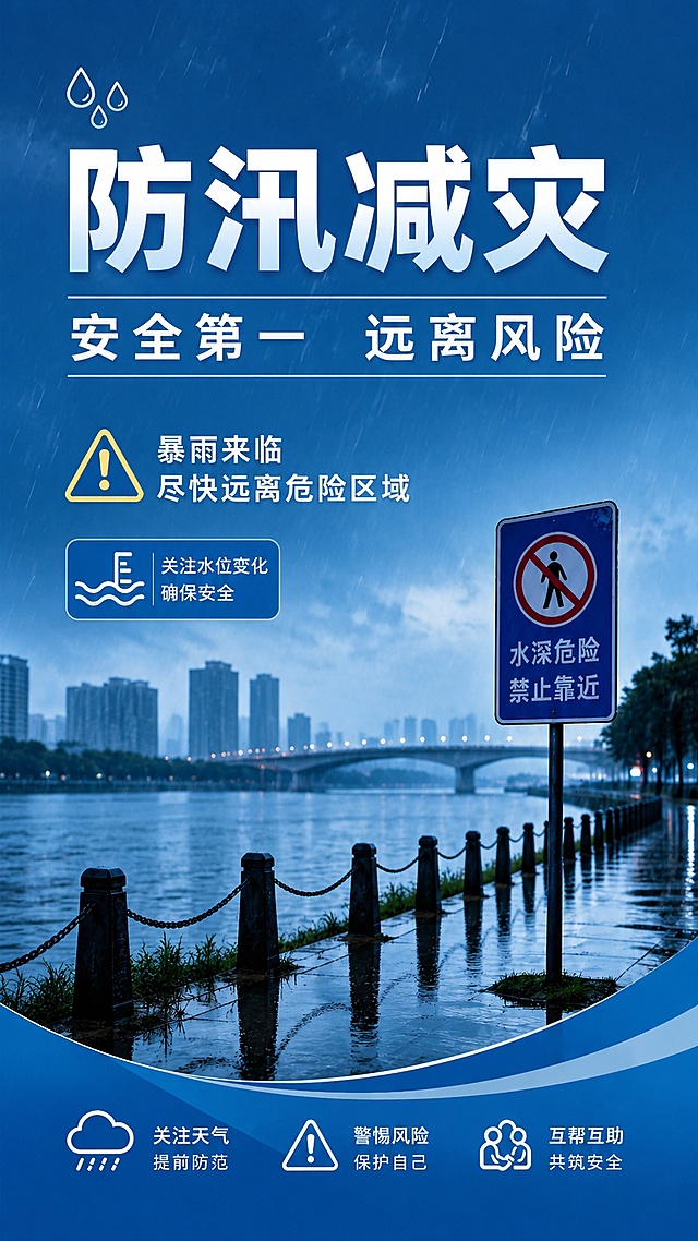 防汛减灾公益广告海报，写实商业摄影风格，蓝色简约设计风格，整体庄重醒目，主标题为"防汛减灾"，副标题为"安全第一 远离风险"，防汛小知识文案为"暴雨来临 尽快远离危险区域"，蓝色简约背景，搭配雨天河流元素，版式精美，文字清晰，四边留足安全边距，文案不遮挡主体元素，合规无极限词，保持参考图的蓝色简约风格