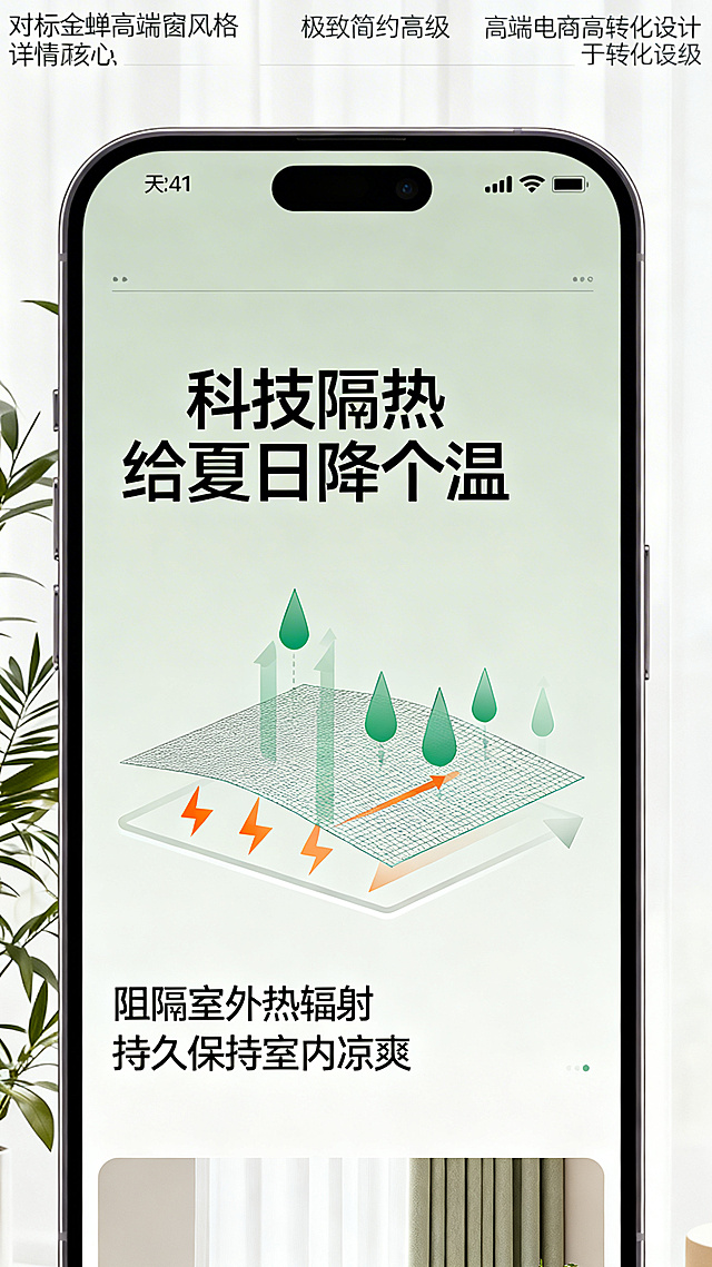 天猫手机端商品详情页核心卖点图，对标金蝉高端窗纱风格，极致简约高级，高端电商高转化设计，重点突出隔热原理与降温效果，主标题文案"科技隔热 给夏日降个温"，极简图文排版展示高科技隔热面料阻隔热量原理，搭配精炼文案"阻隔室外热辐射 持久保持室内凉爽"，低饱和度配色，高端质感，设计干净高级。