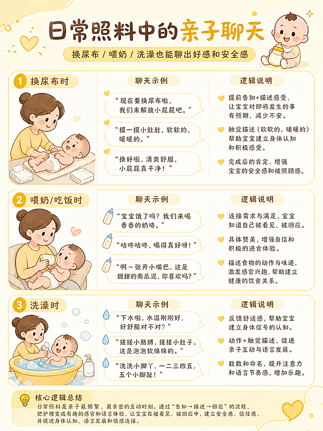 根据图片文字内容制作育儿科普图文，3:4竖版，保持暖黄米白同色系，延续上文风格，内容为日常照料的换尿布/喂奶/洗澡聊天示例和逻辑说明，卡通温馨风格