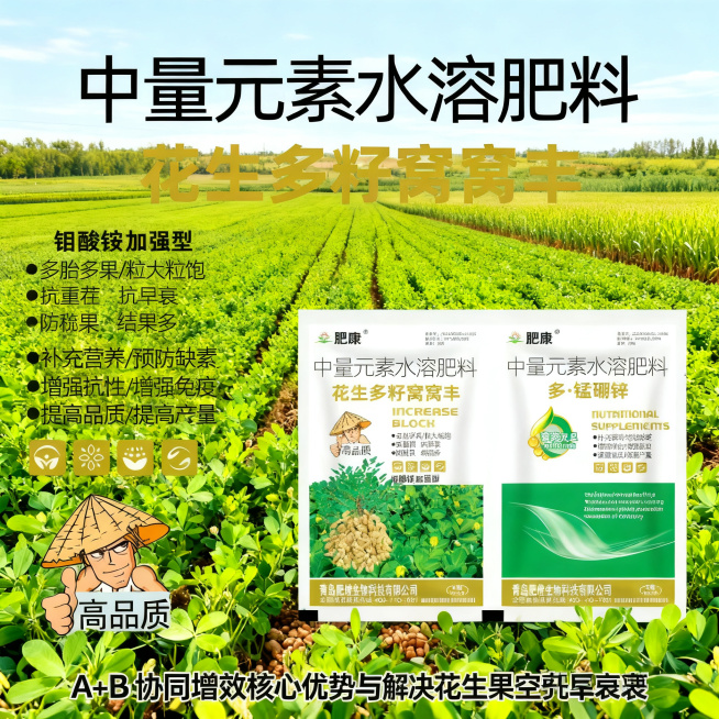 拼多多农资主图1:1正方形，突出双剂套装整体展示，表现A+B协同增效的核心优势，解决花生秕果空壳早衰问题，绿色农田丰收背景，两个产品包装并排展示，卖点文字清晰预览效果
