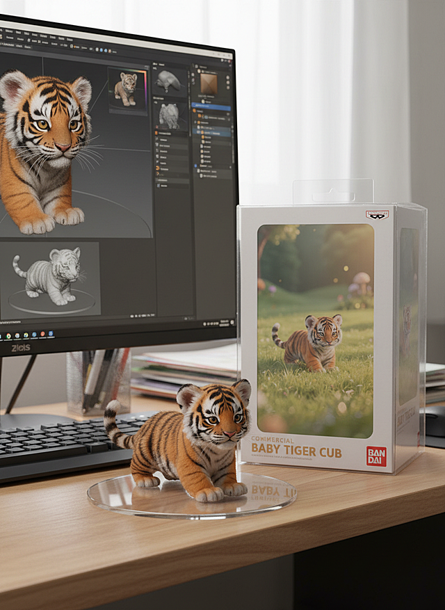 将这个图片制作成一个商业化1/7比例手办，风格写实，环境逼真。手办放置在电脑桌上，配有一个圆形透明亚克力底座，底座上没有文字。电脑屏幕上显示着手办的Zbrush建模过程。电脑屏幕旁边是一个万代风格的透明玩具盒，上面印有原始画作。