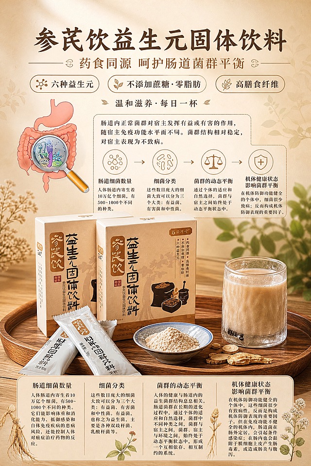 A4竖版商品营销海报，温和滋养中式养生风格，暖米棕色调，健康信任感。画面主体为参芪饮益生元固体饮料产品（两盒产品包装盒+独立小袋+一杯冲调好的饮品+粉末小碗，摆放在木质托盘上），产品100%还原上传商品图的外形、包装、LOGO、印刷文字、配色与正面朝向，商品主体占比约50%，位于画面中下部。画面上半部分为标题与科普卖点区，融入肠道菌群健康概念（用简约肠道插画与菌群图标点缀，参考图2图3的科普风格），整体版式精美、层级分明。背景为暖米色渐变底，搭配柔和木纹与淡淡草本植物剪影，顶部自然光+侧前方柔光，柔和阴影，温暖治愈氛围。画面中必须完整呈现以下文字信息：主标题"参芪饮益生元固体饮料"，副标题"药食同源 呵护肠道菌群平衡"，三个卖点标签"六种益生元"、"不添加蔗糖·零脂肪"、"高膳食纤维"，辅助文案"温和滋养·每日一杯"；所有文字清晰可读，不遮挡产品主体；不得出现零售价、价格等任何价格信息；画面中所有信息区域必须填充完整合理内容，不得出现空白框或占位。