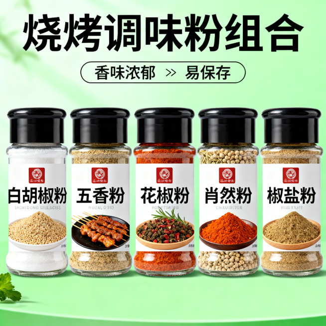 淘宝电商1:1主图，展示五种烧烤调味粉组合：白胡椒粉、五香粉、花椒粉、孜然粉、椒盐粉，标注卖点"香味浓郁""易保存"，清新绿色背景，五种产品整齐排列，清晰包装文字，整体干净大气适配淘宝平台，分辨率2K预览效果
