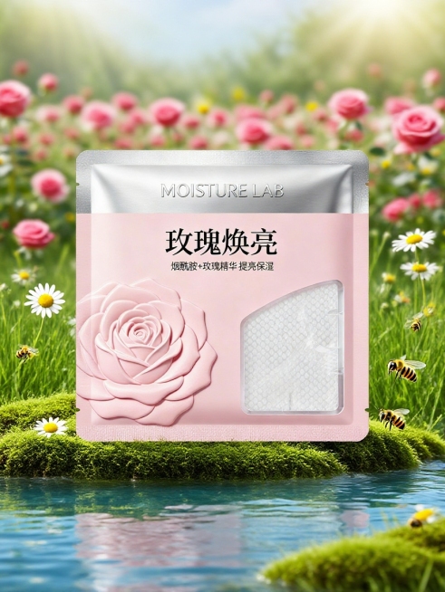 室外静物摄影。前景是清澈河面，主体放在长满苔藓的绿色草地上，两边少许洋甘菊和蜜蜂点缀，背景玫瑰花海，。营造出清新、自然的氛围。柔和自然的光影。一键换背景，电商商品图预览效果