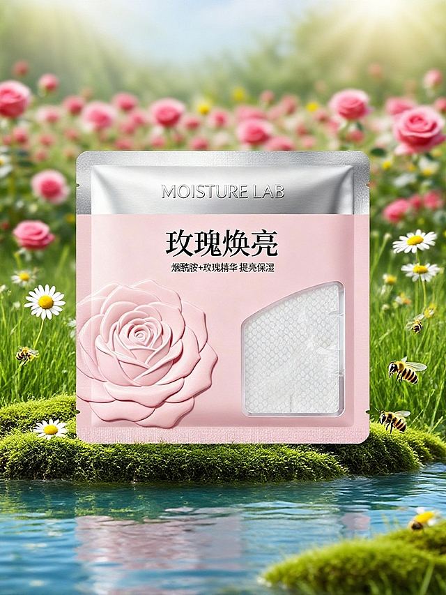 室外静物摄影。前景是清澈河面，主体放在长满苔藓的绿色草地上，两边少许洋甘菊和蜜蜂点缀，背景玫瑰花海，。营造出清新、自然的氛围。柔和自然的光影。