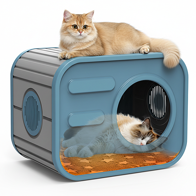 在参考图1基础上生成猫窝顶部慵懒趴着一只圆眼金渐层长毛猫（好奇表情），露出好奇表情，猫咪头部朝向在左，画面干净通透，色调柔和温暖，质感像高清商品展示图，背景纯白无杂物。高清，4k