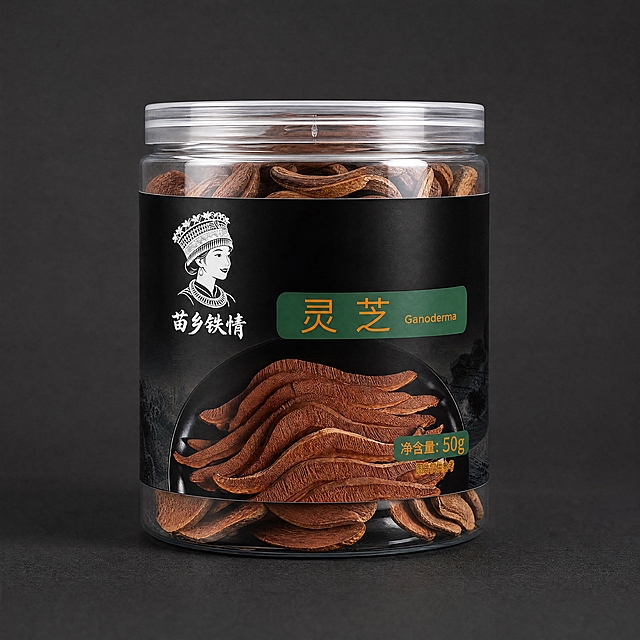 将参考图中的灵芝产品标签贴在一个圆形透明塑料瓶身上，生成立体产品效果图。瓶子为圆柱形透明塑料瓶，瓶盖为透明塑料盖，瓶身贴有完整的灵芝标签（包含苗乡铁情品牌logo、灵芝字样和灵芝片实物图），瓶内装有灵芝片。产品放在简洁的深灰色背景上，柔和的专业摄影棚灯光，真实的材质质感，透明塑料的通透感，标签贴合瓶身有自然的弧度变形，商业产品摄影风格，高清细节