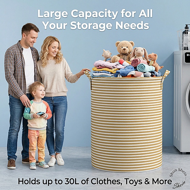 美区Shein平台布艺条纹收纳篮容量展示图，收纳篮里装满了衣物和毛绒玩具，旁边站着白人家庭一家三口，顶部文字'Large Capacity for All Your Storage Needs'，底部文字'Holds up to 30L of Clothes, Toys & More'，字体风格统一，全英文无中文，画面突出产品大容积的优势，商品摄影风格