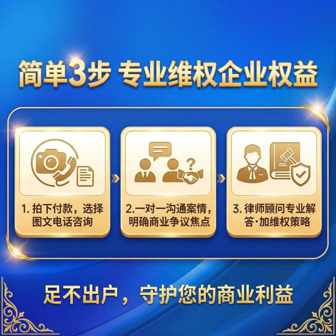 沿用参考图排版风格，调整为三步布局，替换文字内容：主标题“简单3步 专业维权企业权益”，三个步骤分别是：1拍下付款，选择图文电话咨询；2一对一沟通案情，明确商业争议焦点；3律师顾问专业解答加维权策略；预览效果