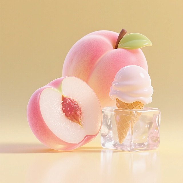 软3D风设计，桃子与冰淇淋结合，清新甜美，塑料质感突出夏日清凉。