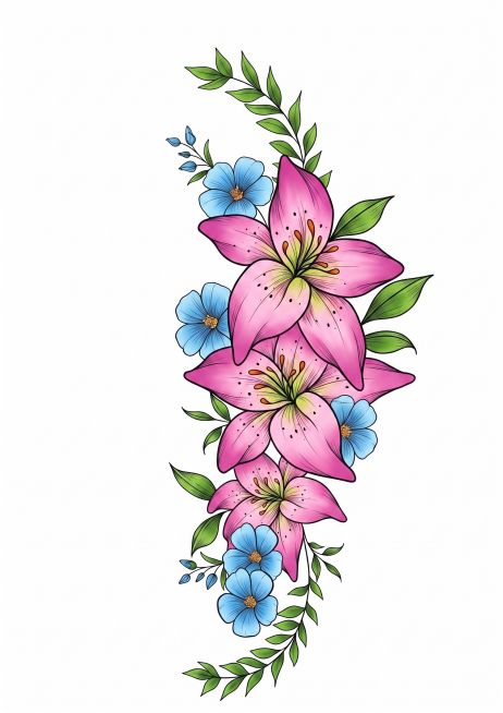 为这幅花卉线稿填充上清新鲜艳的彩色，保持线条清晰，背景设置为纯白色预览效果