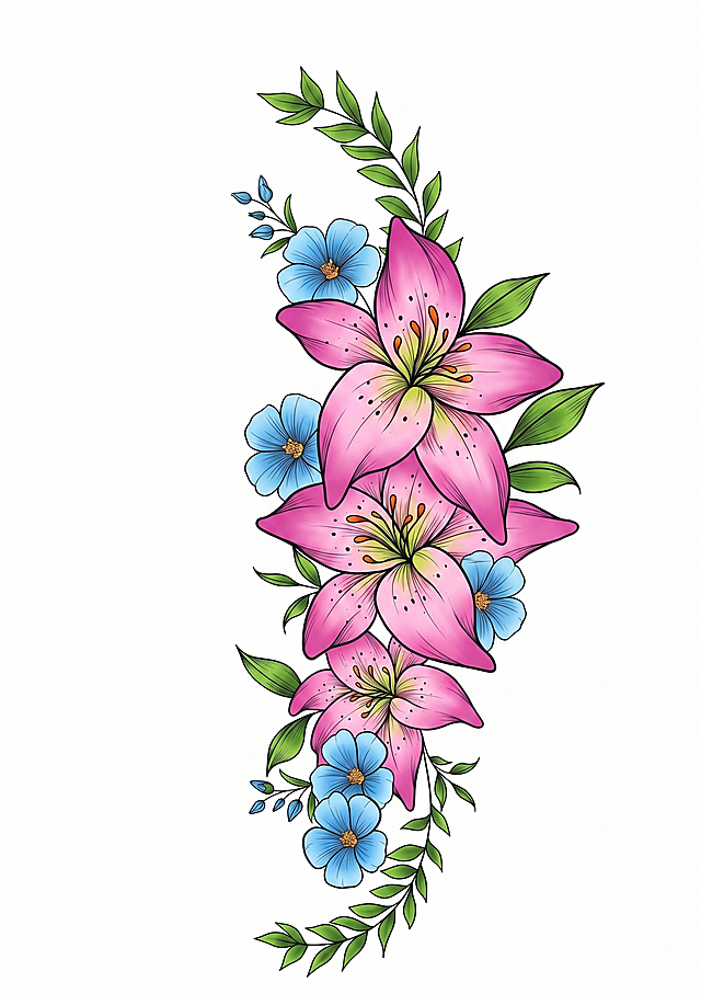 为这幅花卉线稿填充上清新鲜艳的彩色，保持线条清晰，背景设置为纯白色