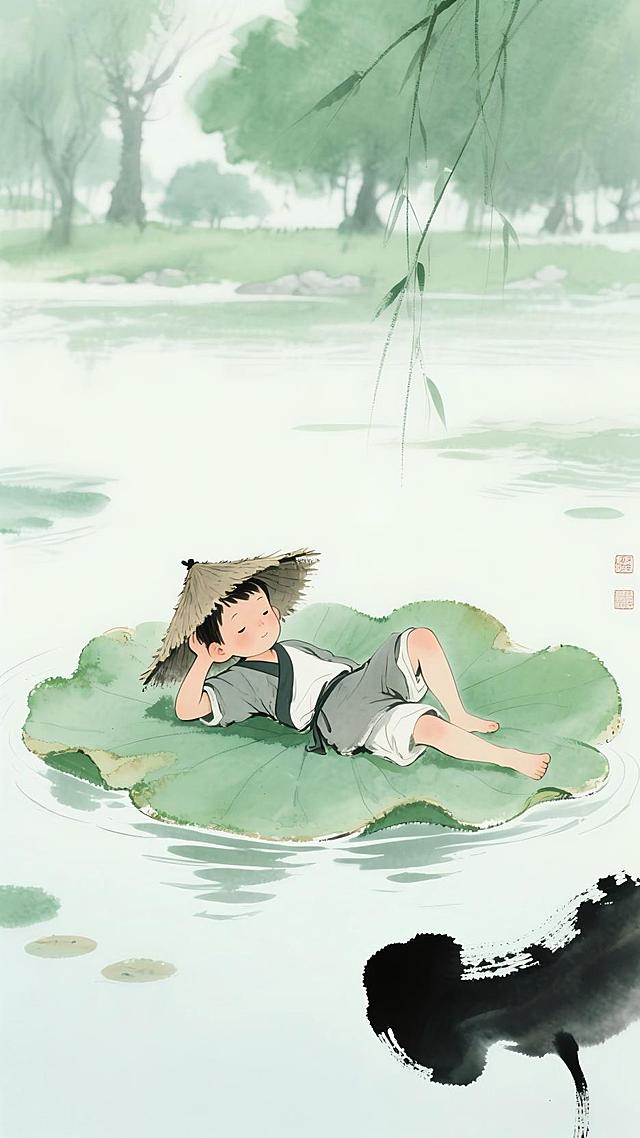 一片荷叶浮在水面，一个身穿蓑衣的男孩，单手撑着脑袋躺在荷叶上，逍遥的样子，松弛感，公园的背景，绿色调清新淡雅，自然氛围