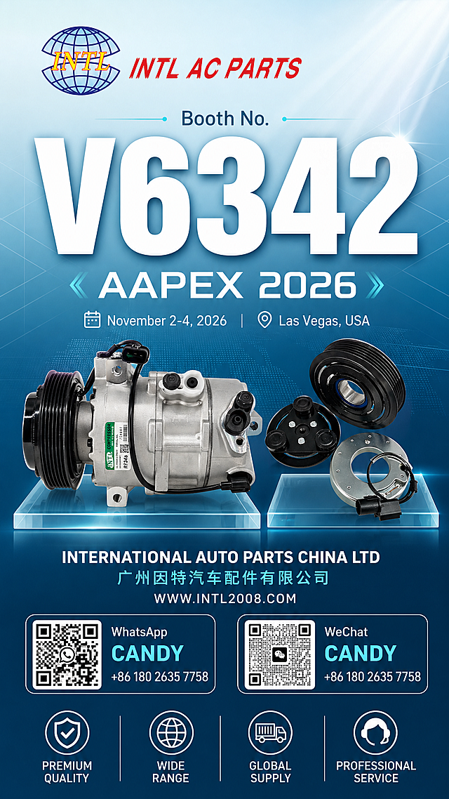 AAPEX 2026 trade show invitation poster, COOL MINIMALIST STYLE with strong booth number emphasis. 9:16 vertical format. Cool color palette: icy light blue, deep teal, white, with subtle silver accents. Background: clean gradient from pale cyan at top to deep teal blue at bottom, with very subtle geometric grid lines and soft light rays, minimal and spacious. Top section: INTL globe logo on left, "INTL AC PARTS" text next to it. BOOTH NUMBER as the absolute visual centerpiece - extremely large bold white text "V6342" dominating the upper-middle area, with "Booth No." in small teal text above it, making the booth number impossible to miss. Below booth number: "AAPEX 2026" in clean modern white typography. Event details in minimalist style: "November 2-4, 2026" and "Las Vegas, USA" with simple line icons, white text. Middle section: two automotive AC products displayed cleanly - left: silver AC compressor, right: black clutch assembly. Products with soft studio lighting, placed on subtle transparent glass-like platforms. Company info at lower section: "INTERNATIONAL AUTO PARTS CHINA LTD" in white, "广州因特汽车配件有限公司" in light cyan, "WWW.INTL2008.COM" in white. Bottom section: two minimalist QR code cards with thin white borders. Left: WhatsApp CANDY +86 180 2635 7758. Right: WeChat CANDY +86 180 2635 7758. Very bottom: four simple feature icons in white - PREMIUM QUALITY, WIDE RANGE, GLOBAL SUPPLY, PROFESSIONAL SERVICE. Overall feel: cool, clean, modern, minimalist, professional, with massive visual emphasis on booth number V6342. Plenty of white space. All text crisp and readable.画面中所有信息区域必须填充完整合理的内容，不得出现空白框、空白占位、横线待填写区域、空列表项、空单元格；确保是完整可用的成品海报而非待填写模板。画面中所有数字必须精确渲染，不得错位、遗漏或编造。