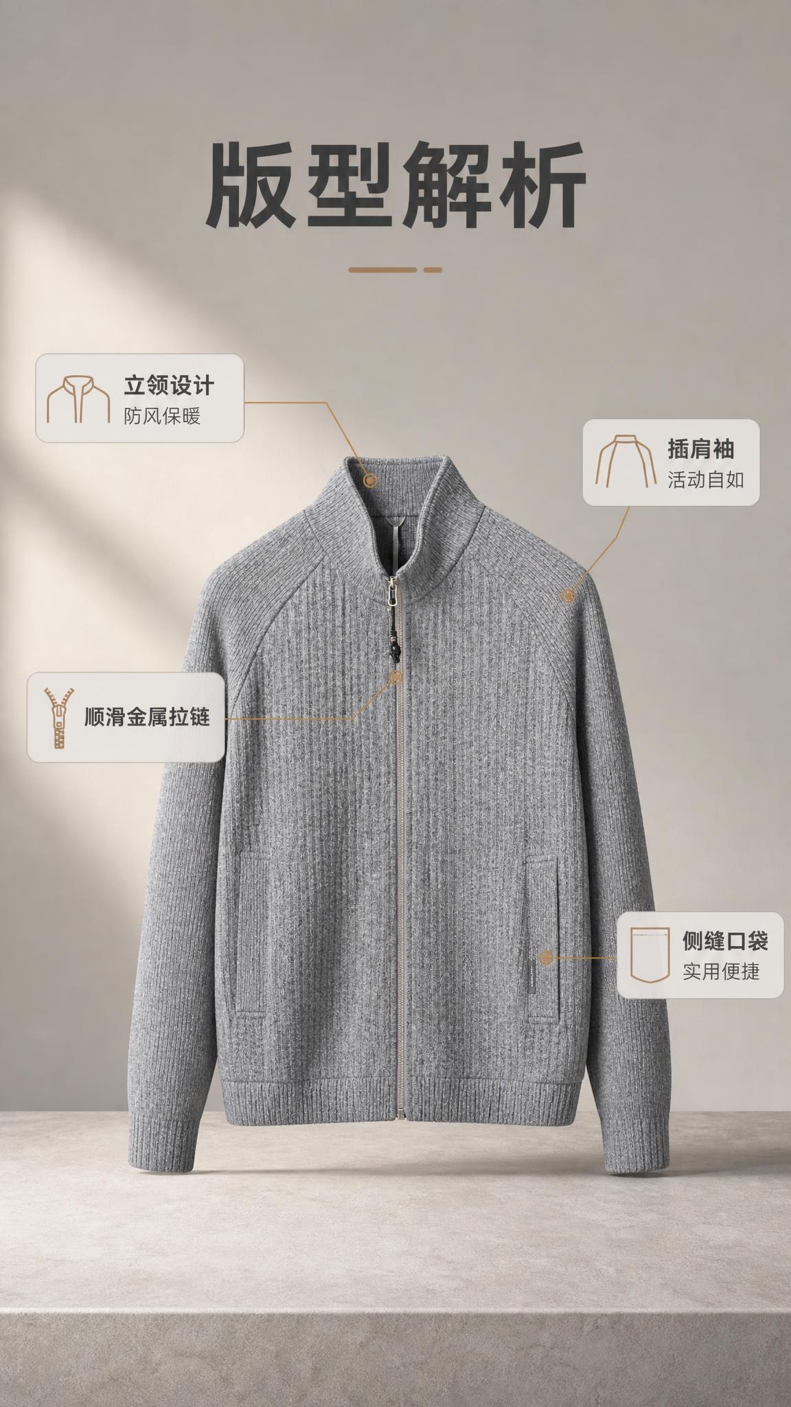 [商品] 使用【图1】男士灰色立领针织拉链开衫外套；商品处理：… - 图片创意预览