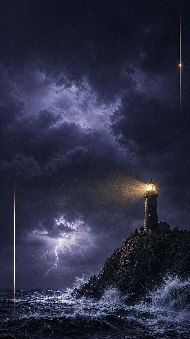 系列海报第4张：雨夜风暴中的孤塔微光。竖版9:16，灯塔位于画面右下角的险峻礁石上，上方留出大量深邃的暴风雨夜空用于放文案。画面左右两侧各有一条细长金色装饰光线，与参考图风格一致。

天空：深紫蓝色的暴风雨夜空，乌云翻涌，远处有一道闪电划破天际，照亮部分云层，雨丝细密斜落。
灯塔：深色石砌塔身，在风雨中屹立，顶部灯室发出坚定而温暖的金色光芒，光束穿透雨幕和风暴，在黑暗中格外醒目。
海面：汹涌的深蓝色海浪猛烈拍打着礁石，激起白色浪花，海面波涛汹涌。
礁石：深色险峻的礁石，被海浪冲击，充满力量感。
整体氛围：坚定、力量、冲破黑暗、戏剧张力、高级电影感。色调以深紫蓝为主，灯塔的暖金色光芒是唯一的温暖焦点，象征希望与坚持，适合做励志箴言海报背景。