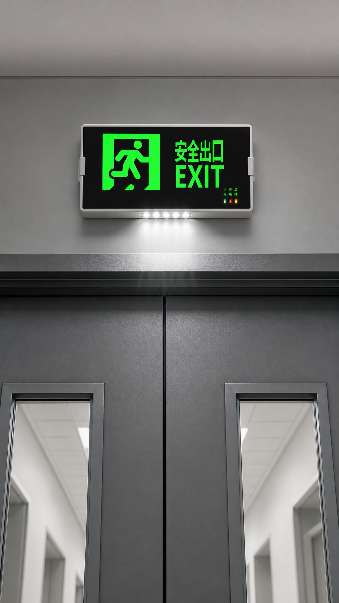 京东电商主图，消防应急照明指示复合灯具，产品放置在逃生门上，产… - 图片创意预览