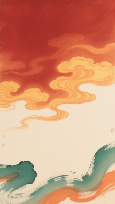 中国传统水墨画风格，以赭石红、暖橙、鹅黄为主色调，间以青绿点缀，画面呈现上浓下淡的渐变层次，顶部为深沉饱满的红色区域，中部是流动感的橙黄色云纹波浪，底部以淡雅的米黄色为基底，边缘环绕着写意的青绿与橙色彩带，笔触洒脱自然，墨色晕染交融，营造出古朴典雅又富有动感的东方意境，整体构图空灵开阔，留白恰到好处，兼具水墨的韵味与色彩的层次感。预览效果
