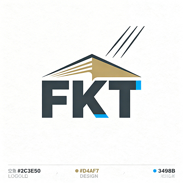 重新设计富凯图尔装饰logo，FKT组合成室内阴阳角收口造型。图形符号：抽象化「F」字母+建筑立面线条+中央空调气流形态，负形隐藏「K」字母轮廓，实现FKT多字母融合。辅助图形：三道向上延展平行线象征三重维度。配色：主色深空灰(#2C3E50)，辅色香槟金(#D4AF37)，点缀科技蓝(#3498DB)，风格专业高端极简，适合装饰设计行业。