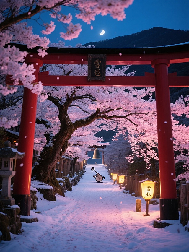 夜幕低垂，京都古寺的朱红色鸟居下，一条被粉白色樱花完全覆盖的幽静参拜道蜿蜒向前，千年古樱的虬曲枝干上缀满夜樱，在深蓝色夜空下泛着神秘的幽光，花瓣如同被月光唤醒的精灵般簌簌飘落，小径上积着厚厚的一层粉白"雪毯"，远处传来隐约的晚钟声与琵琶声，地面上灯笼的暖黄色光晕与夜樱的冷粉色形成微妙对比，空气中弥漫着古老木材与樱花的混合香气，远处山峦如墨色剪影般静默矗立。