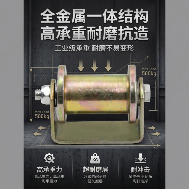 1:1 竖版电商主图，严格还原上传的镀锌U型导向滑轮产品图细节，尺寸比例保持1:1。背景为深灰硬核工业背景，搭配微弱的承重力学线条装饰，强化硬核属性。画面采用居中杂志式排版：上方为加粗无衬线主标题 "预览效果