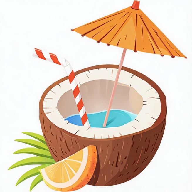 去除画面中所有“花瓣”相关水印，完整保留椰子饮品卡通插画的所有内容与原有风格，背景保持纯白色预览效果