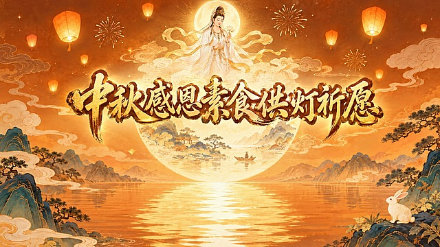 保持这张16:9横版海报的画面内容、构图与暖金橙色调完全不变（大满月内含山水景致、祥云、孔明灯与烟花、金色水面倒影、深青山石与松树、白色玉兔），仅做两处修改：
1）主题字：把画面中部的书法标题“中秋感恩素食供灯祈愿”重写为更有设计个性的艺术字体——中式毛笔书法艺术字，笔画张力强、粗细对比强烈、带飞白与顿挫感，字形带轻微立体感与金色描边光泽，样式鲜明、主题突出，暖金色配深褐描边，字形大而醒目，仍是画面第一视觉层级；
2）新增南无月光菩萨：端庄慈悲的女性形象，面容宁静，头后皎洁圆月光轮，素白配淡金飘带天衣，璎珞庄严，手持莲花，足踏祥云，周身柔和银白月光，置于画面上方天空区域，与背景云气自然融合，画风与整幅插画统一，不遮挡主题字。
画面除主题字外不出现任何其他文字、字母或印章。