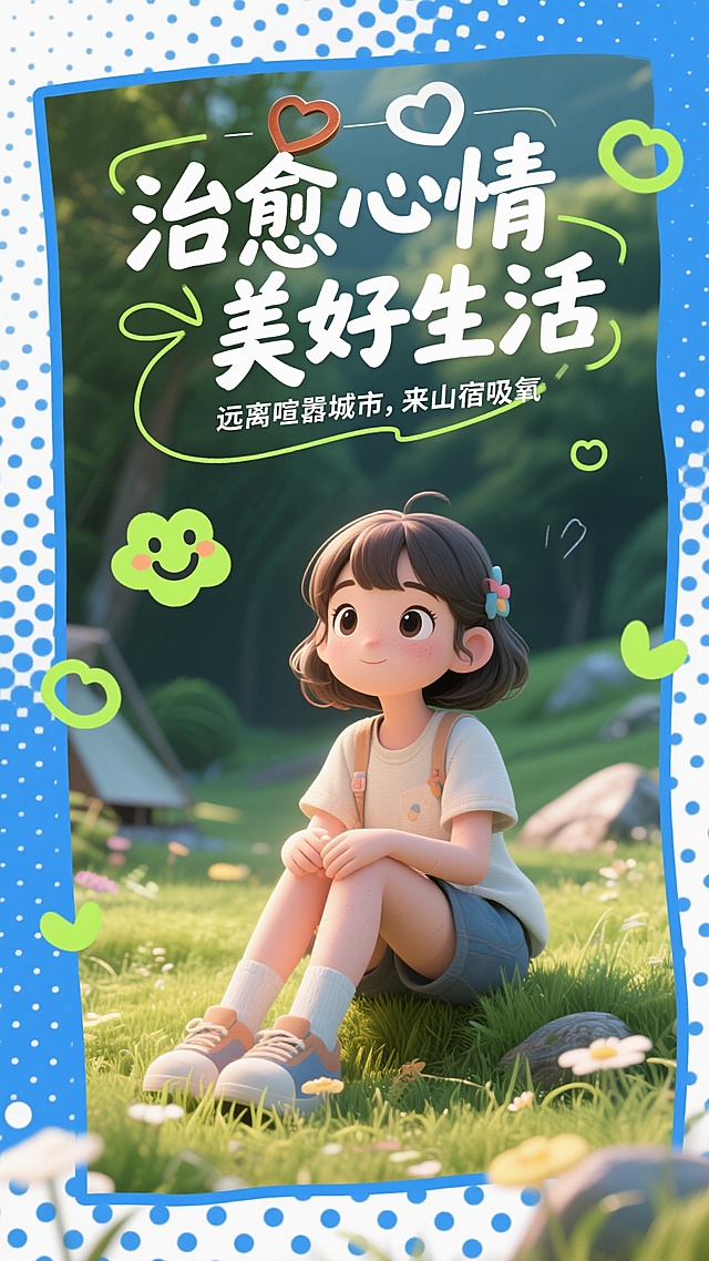 清新插画风，卡通少女坐草地，手账元素点缀，治愈心情主题。