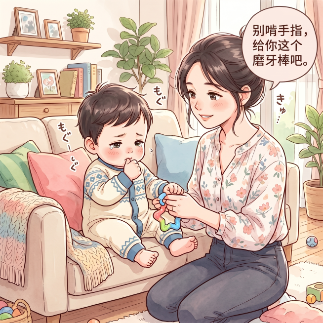 在原图基础上，给妈妈添加对话气泡，文字内容为“别啃手指，给你这个磨牙棒吧。”，保留原有画面，保持柔和清新可爱漫画风格，人物和场景不变预览效果
