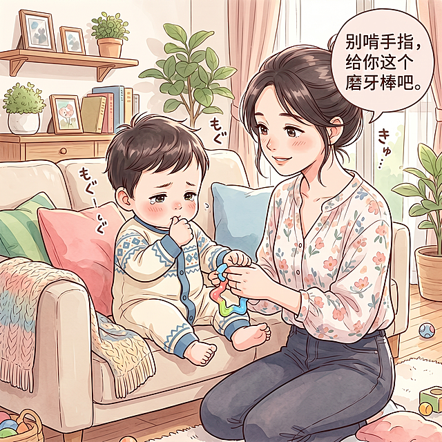在原图基础上，给妈妈添加对话气泡，文字内容为“别啃手指，给你这个磨牙棒吧。”，保留原有画面，保持柔和清新可爱漫画风格，人物和场景不变
