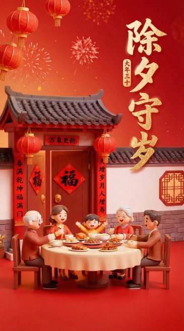 参考这张图片的风格样式及文字布局，文字样式风格以及位置都严格和参考图保持一致，按照中国传统民俗，制作除夕到初七的新春民俗套图，共八张预览效果