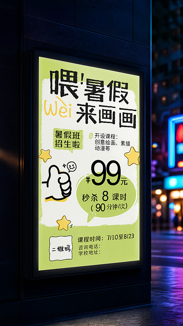 8K超写实，竖版灯箱海报样机，安装在户外或商场深色建筑外立面墙面上，夜晚霓虹环境，冷色调氛围，浅景深，灯箱画面展示提供的招生海报内容，保持海报内容不变，发光效果柔和，高细节，商业广告摄影质感