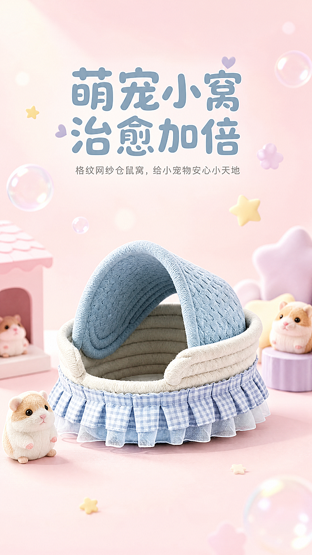 [第1屏] 详情页头图，格纹网纱仓鼠窝新品宣传图。本屏使用【图1】浅夕蓝款作为商品主体，保持商品的半拱形顶盖、米色内衬、蓝白格纹褶皱裙边的物理结构、材质质感、颜色与输入产品图一致。[氛围/风格] 软萌少女心马卡龙风，柔和温馨氛围，商业摄影质感，画面清新治愈。[元素布局] 浅夕蓝仓鼠窝放置在画面中下部，占据画面65%-70%主体位置。背景为渐变暖粉色马卡龙色系，上方保留充足标题区域，周围点缀迷你仓鼠玩偶和淡色星星气泡装饰，营造萌宠生活氛围感。[光影质感] 左上方柔和主光，在商品表面形成自然明暗过渡，右下方投下柔和投影，整体光线明亮通透，商品边缘清晰真实。[配色色系] 全局底色：#FFF5F8（浅粉马卡龙）；主体配色：浅夕蓝顶盖+米白内衬+蓝白格纹裙边；辅助色：淡紫和淡黄小装饰，文字用浅灰蓝色。[视角构图] 正面45度斜视角，景深适中，主体突出，画面上方预留标题空间，下方保留浅粉渐变背景。[文字版式] 上半部分大标题居中，主标题「萌宠小窝 治愈加倍」，粗圆软萌字体，浅灰蓝色，字号约为画面宽度的8%。标题下方副标题「格纹网纱仓鼠窝，给小宠物安心小天地」，小号圆润字体，浅灰色。文字不遮挡商品主体，排版干净舒适。[比例分辨率] 9:16竖版，4K分辨率，文字清晰可辨。[负向提示词] 商品变形，结构缺失，颜色偏差，水印，文字错乱，产品图模糊，背景杂乱，极限词。
