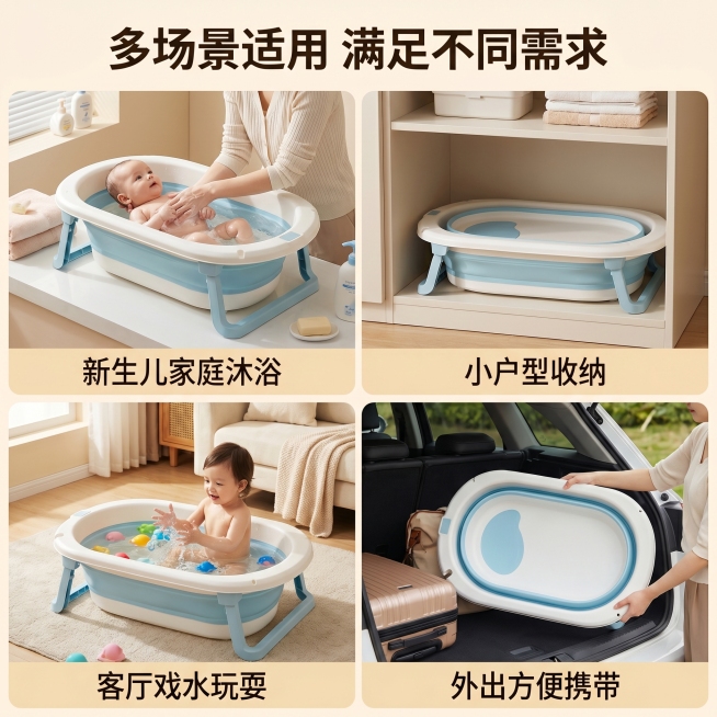 [主图 4] 婴儿浴盆多场景适用展示
[氛围风格] 温馨生活化，展示多场景使用
[画质] 商业摄影质感、光线柔和通透、产品清晰真实、画面干净高级
[元素] 采用四宫格布局展示婴儿浴盆四个使用场景：1预览效果