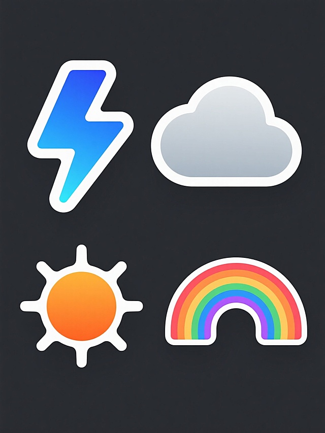 一组四个天气图标系列素材，采用扁平化设计风格，纯色背景，每个图标均有鲜明的渐变色彩和硬朗的线条轮廓。从左到右、从上到下规整排布：第一个是蓝色渐变的闪电图标，呈尖锐的Z字形，边缘有白色高光；第二个是灰色渐变的阴天图标，为云朵形状，线条圆润；第三个是橙色渐变的太阳图标，圆形，边缘有放射状光芒；第四个是七彩渐变的彩虹图标，呈弧形，色彩过渡自然。所有图标风格统一，色彩鲜明，排布整齐，适合作为天气相关的UI素材或信息图表元素。