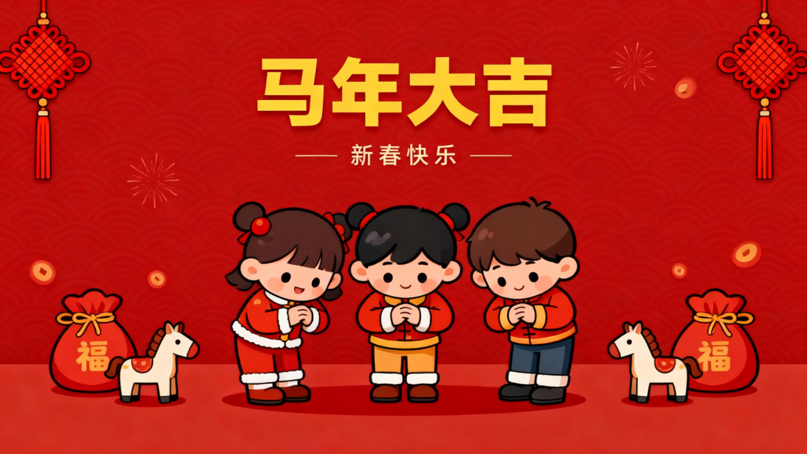 全新红色卡通风格PPT结尾页，三个卡通小朋友一起鞠躬拜年，周围装饰小马、福袋、中国结，搭配马年大吉祝福语，整体喜庆温暖，儿童风格预览效果