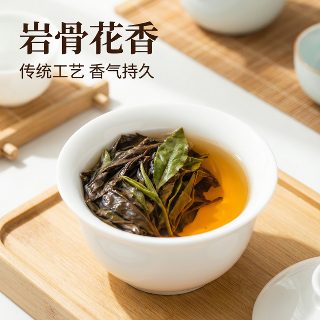 [主图 2 核心亮点] 大红袍茶叶核心细节展示，简约中式风格。展示冲泡后舒展的大红袍茶叶，深褐嫩绿自然色泽，放置在素雅白瓷盖碗中，清澈橙黄茶汤，背景为浅木色茶盘，自然柔和自然光，突出茶叶新鲜油润的质感预览效果