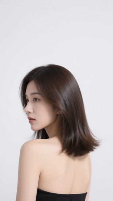一位女性的侧后方特写，极简主义风格，纯白色背景，柔和均匀的顶光，发丝呈现出光滑、柔顺、富有光泽的质感，发尾有自然的内扣弧度，黑色抹胸礼服，露出光洁的肩膀和背部，面部轮廓清晰，眼神看向一侧，整体氛围优雅、高级、纯净，变换不同的发型和发色，保持头发的主题和高品质质感预览效果