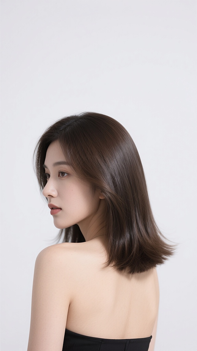 一位女性的侧后方特写，极简主义风格，纯白色背景，柔和均匀的顶光，发丝呈现出光滑、柔顺、富有光泽的质感，发尾有自然的内扣弧度，黑色抹胸礼服，露出光洁的肩膀和背部，面部轮廓清晰，眼神看向一侧，整体氛围优雅、高级、纯净，变换不同的发型和发色，保持头发的主题和高品质质感