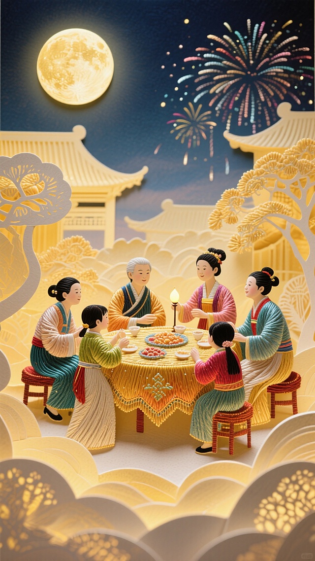 苏绣风格，丝线绣出的中秋夜宴图，一家人团聚赏月，远处有烟花照亮天空，绣品极具光泽感，丝线纹理细腻，针脚精密，充满立体感，柔和的背景光突出主体。